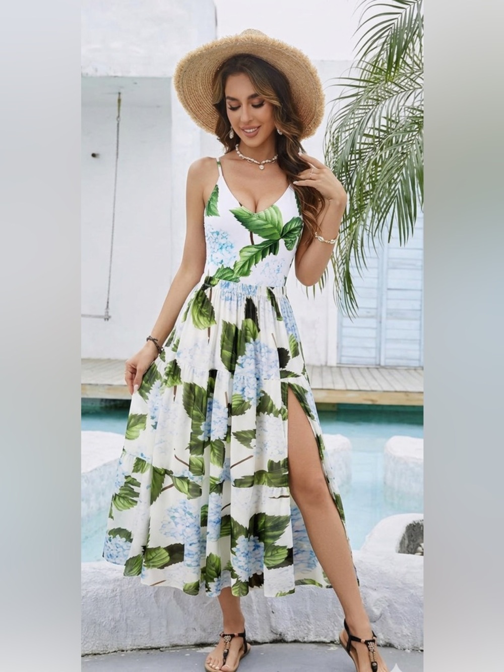 Cupshe two pieces White with Green Leaf & Light Blue Floral Print